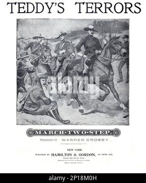 Teddy's Terrors, 1898 Sheet Music featuring Theodore Roosevelt on horseback during his charge up San Juan Hill in Cuba during the Spanish American War Stock Photo