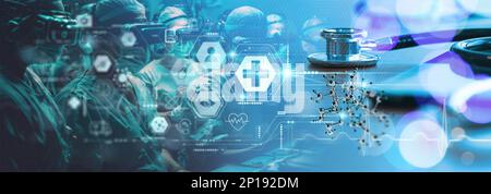 team doctors wearing virtual reality glasses. Checking brain testing result with simulator interface, Innovative technology in science and medicine.Me Stock Photo