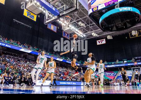 Greensboro, NC, USA. 3rd Mar, 2023. NC State Wolfpack guard Aziaha James (10) takes the open layup against the Notre Dame Fighting Irish during the quarterfinals of the Women's ACC Tournament at Greensboro Coliseum in Greensboro, NC. (Scott Kinser/Cal Sport Media). Credit: csm/Alamy Live News Stock Photo