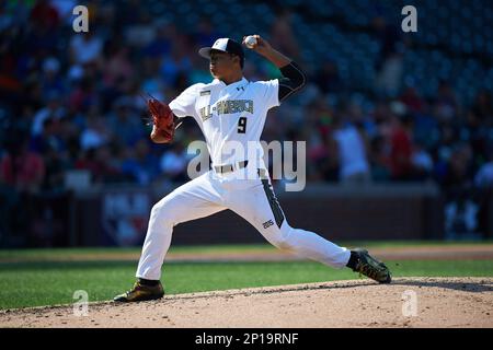 Jesus Luzardo (9) of Marjory Stoneman Douglas High School in Parkland,  Florida during the Under Armour All-American Game on August 15, 2015 at  Wrigley Field in Chicago, Illinois. (Mike Janes/Four Seam Images