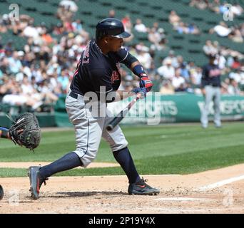 Cleveland Indians Jose Ramirez (11) bats in the eighth inning during Game 3  of the Major League Baseball World Series against the Chicago Cubs on  October 28, 2016 at Wrigley Field in