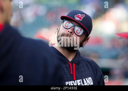 03 June 2016: Cleveland Indians Pitcher Joba Chamberlain (62) [5504] wears  a pair of Cleveland Indians Perforated-Lens Sunglasses that were given out  to the first 10,000 fans prior to the Major League