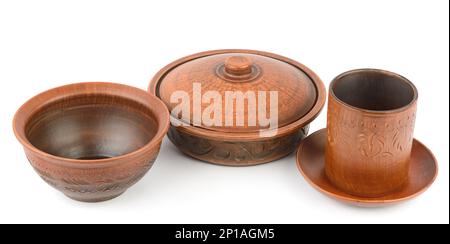 Collection clay utensils isolated on white background Stock Photo