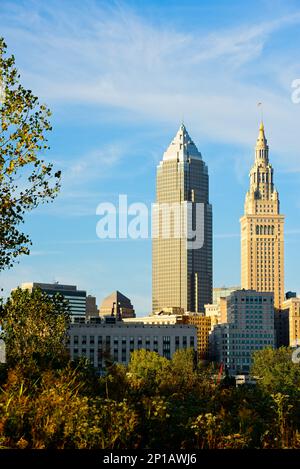 The Cleveland Ohio skyline with two of its major skyscrapers, the venerable Terminal Tower at right Stock Photo