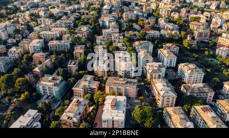 Aerial view from the sea over the city of Genoa, Italy. Suspended highway and infrastructure Stock Photo
