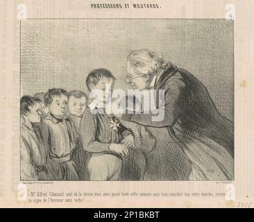 Mr. Alfred Cabassol ... recevez ce signe de l'honneur ..., 19th century. Teachers and boys. The only one in the class to have got through the week without blowing his nose on his sleeve - receive this stainless mark of honour! Stock Photo