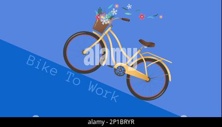 Illustrative image of bicycle with flowers in basket and bike to work text against blue background Stock Photo