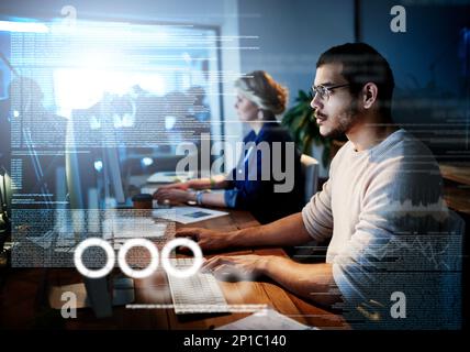 Running code side by side. Cropped shot of computer programmers working on new code. Stock Photo