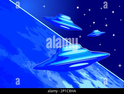 three UFO in night sky vector illustration Stock Vector