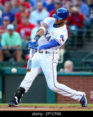 24 MAY 2016: Texas Rangers right fielder Nomar Mazara #30 gets  congratulated by Adrian Beltre after hitting a home run during the MLB game  between the Los Angeles Angels and Texas Rangers