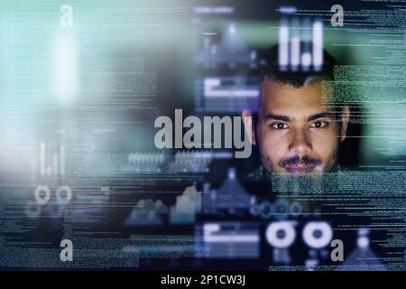 Programmers speak their own language. Cropped shot of a young computer programmer looking through data. Stock Photo