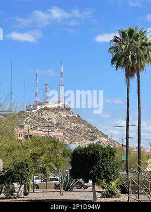 TV towers atop Cerro de la CampanaHill - Hill of the Bell in Hermosillo in Mexico Stock Photo