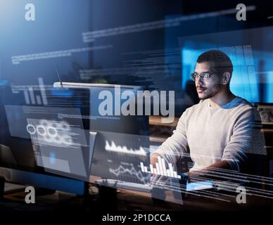 Sifting through streams of data. Cropped shot of a male computer programmer working on new code. Stock Photo