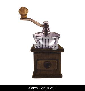 Watercolor classic coffee grinder for coffee beans. Hand-drawn illustration isolated on white background. Perfect concept for cafe, restaurant, menu Stock Photo