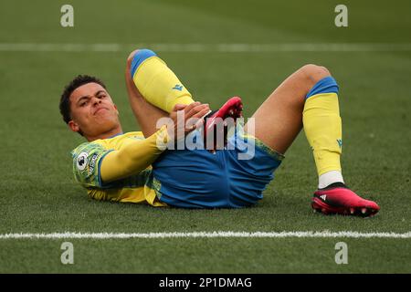 London, UK. 03rd Mar, 2023. Brennan Johnson of Nottingham Forest is injured during the Premier League match between West Ham United and Nottingham Forest at the London Stadium, Queen Elizabeth Olympic Park, London, England on 25 February 2023. Photo by Ken Sparks. Editorial use only, license required for commercial use. No use in betting, games or a single club/league/player publications. Credit: UK Sports Pics Ltd/Alamy Live News Stock Photo