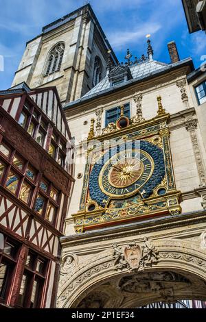 Gros Horloge, the Great-Clock, a 14th century astronomical clock Rue du Gros-Horloge, Rouen, Normandy, France Stock Photo