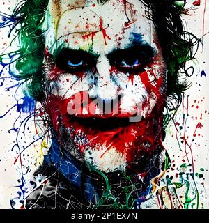 Portrait of Joker man scary Close-up makeup . Halloween Horror Digital illustration. Geneative Stock Photo