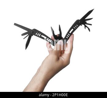 Man holding multitool on white background, closeup Stock Photo