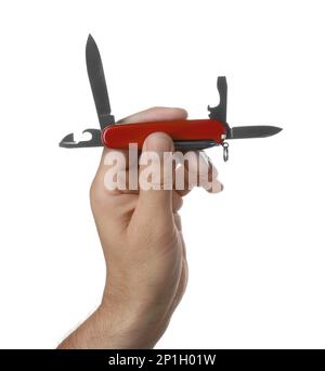 Man holding multitool on white background, closeup Stock Photo