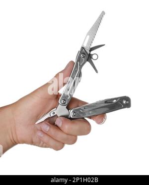 Man holding multitool on white background, closeup Stock Photo