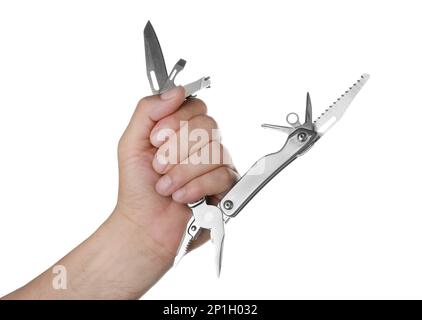 Man holding multitool on white background, closeup Stock Photo