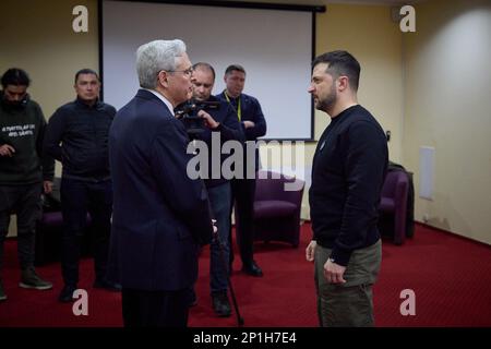 Lviv, Lviv, Ukraine. 3rd Mar, 2023. Attorney General MERRICK GARLAND meets with President of Ukraine VOLODYMYR ZELENSKYY during an unannounced trip to Ukraine on Friday. Merrick Garland joined Zelenskyy at the ‘United for Justice Conference.' (Credit Image: © Ukraine Presidency/ZUMA Press Wire) EDITORIAL USAGE ONLY! Not for Commercial USAGE! Stock Photo