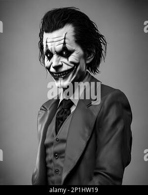 Portrait of Joker man scary Close-up makeup . Halloween Horror Digital illustration. Geneative Stock Photo