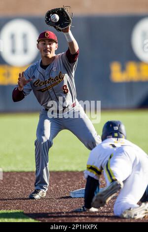 Central Michigan Chippewas shortstop Zach McKinstry (8) catches a pickoff  attempt at second base against the Michigan Wolverines on March 29, 2016 at  Ray Fisher Stadium in Ann Arbor, Michigan. Michigan defeated Central  Michigan 9-7. (Andrew