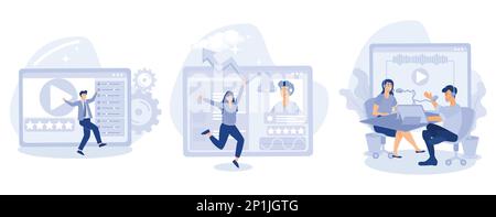 Media and tv content concept, Content rating, viral content, podcast creation, games and apps, video production, engaging marketing, entertainment, se Stock Vector