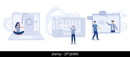 Customer help service concept, Guides, FAQ and website support team, chatbot client problem solving, hotline call, online assistant, user experience, Stock Vector