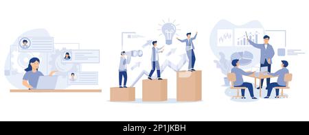 Headhunter service concept, Human resources, corporate ladder, meeting room, job listing website, employment hierarchy, career ladder, contract, set f Stock Vector