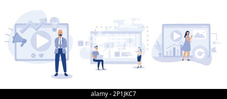 SMM strategy concept, Social media management, microblog platform, online content marketing, user engagement and interaction, sharing post,  set flat Stock Vector