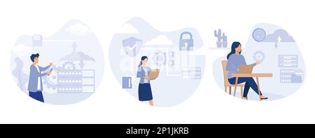 Database security concept, Cloud storage, secure file sharing, automatic backup, file hosting, data recovery and synchronization, external drive,  set Stock Vector