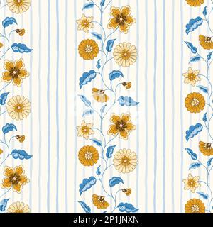 Indian Chintz Flowers and Vertical Stripes Vector Seamless Pattern Stock Vector