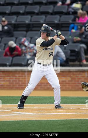 Gavin Sheets (24) of the Wake Forest Demon Deacons follows through on his  swing against the Charlotte 49ers at Hayes Stadium on March 16, 2016 in  Charlotte, North Carolina. The 49ers defeated