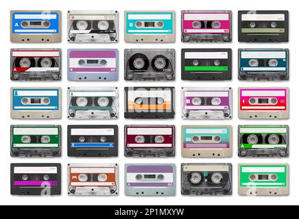 Full-frame close-up on 25 audio cassettes isolated on white background. Stock Photo