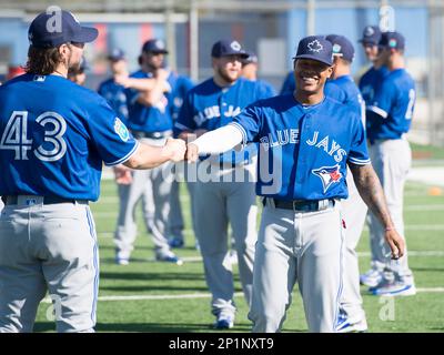 Toronto Blue Jays pitchers Marcus Stroman, right, and Pat Venditte trade  gloves in the first official workout of spring training in Dunedin, Fla.,  on Monday February 22, 2016. Venditte, who is ambidextrous