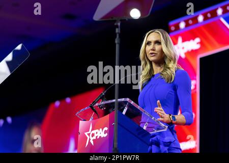 National Harbor, Maryland, USA. 3rd Mar, 2023. Lara Trump speaks at the 2023 Conservative Political Action Conference (CPAC) in National Harbor, Maryland, U.S., on Friday, March 3, 2023. Credit: Julia Nikhinson/CNP/dpa/Alamy Live News Stock Photo