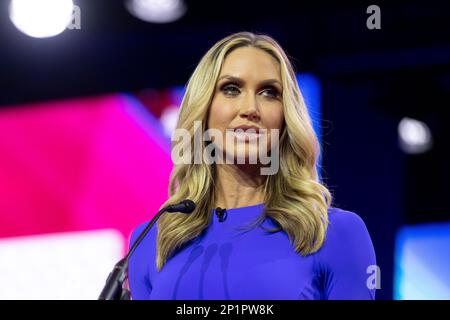 National Harbor, Maryland, USA. 3rd Mar, 2023. Lara Trump speaks at the 2023 Conservative Political Action Conference (CPAC) in National Harbor, Maryland, U.S., on Friday, March 3, 2023. Credit: Julia Nikhinson/CNP/dpa/Alamy Live News Stock Photo