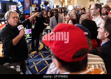 National Harbor, Maryland, USA. 3rd Mar, 2023. Steve Bannon speaks to supporters at the 2023 Conservative Political Action Conference (CPAC) in National Harbor, Maryland, U.S., on Friday, March 3, 2023. Credit: Julia Nikhinson/CNP/dpa/Alamy Live News Stock Photo