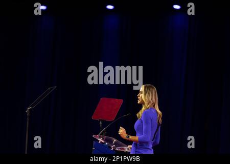 National Harbor, Maryland, USA. 3rd Mar, 2023. Lara Trump speaks at the 2023 Conservative Political Action Conference (CPAC) in National Harbor, Maryland, U.S., on Friday, March 3, 2023. Credit: Julia Nikhinson/CNP/dpa/Alamy Live News Stock Photo