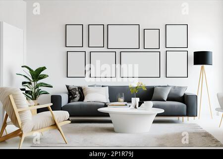 Interior living room, gallery wall poster frames mockup in white room with wooden furniture and lots of green plants. Scandinavian style. Stock Photo