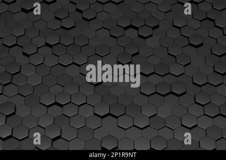 Abstract technological black hexagonal background 3d render. Wall background texture. Wall with textured hexagons. Honeycombs backdrop Stock Photo