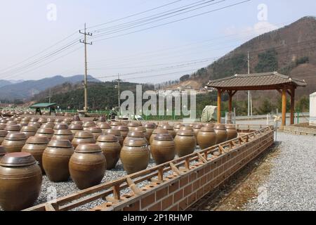 Traditional Korean fermentation jars in country market Stock Photo