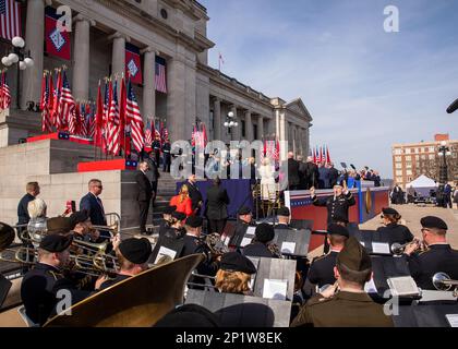 The 106th Army Band played at the state’s 47th Arkansas Governor's Inauguration on the steps of the State Capitol in Little Rock, Arkansas, January 10, 2023.  Governor Sarah Huckabee Sanders gave her inaugural address after taking her oath of office, and becoming the first female governor of Arkansas. Stock Photo