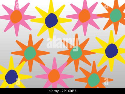 Seamless pattern with colorful suns type flowers on gray background. Vector illustration Stock Vector