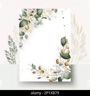 Wedding floral invitation, modern card design. Rosemary, eucalyptus branches on white background with a golden pattern. Elegant rustic template. Stock Photo