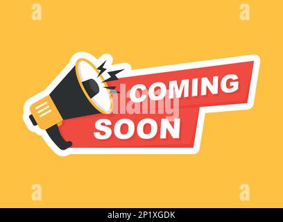 Coming soon banner icon in flat style. Promotion label vector illustration on isolated background. Open poster sign business concept. Stock Vector