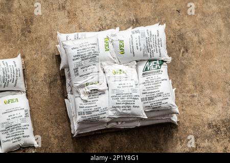 A view of Fertiplant's fertilizer sacks at the granulation factory in Nakuru. Fertiplant, a local fertilizer plant, is expected to address the fertilizer deficit in Kenya ahead of the planting season. The Nitrogen, Phosphorous and Potassium, (NPK) fertilizer granulation company has an annual capacity of 100, 000 tonnes, while Kenya's annual fertilizer consumption stands at 500,000 tonnes per annum. During the commissioning of the company, President William Ruto announced that the government plans to eliminate generic fertilizers that have been altering soil pH. Stock Photo