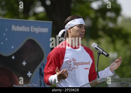 Gold medal-winning speed skater, Apolo Ohno during a press